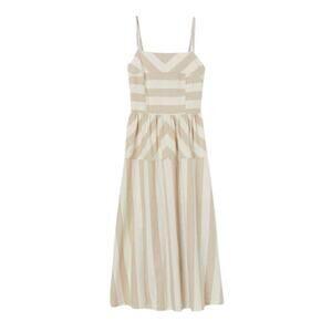 Linen Blend Neutral Beige Stripe Sleeveless Dress XL‎ Midi Smocking Casual H&M